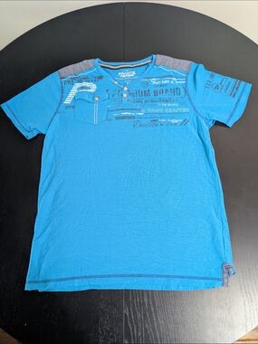 Private Label Blue Short Sleeve Tee with Gray Shoulder Panels